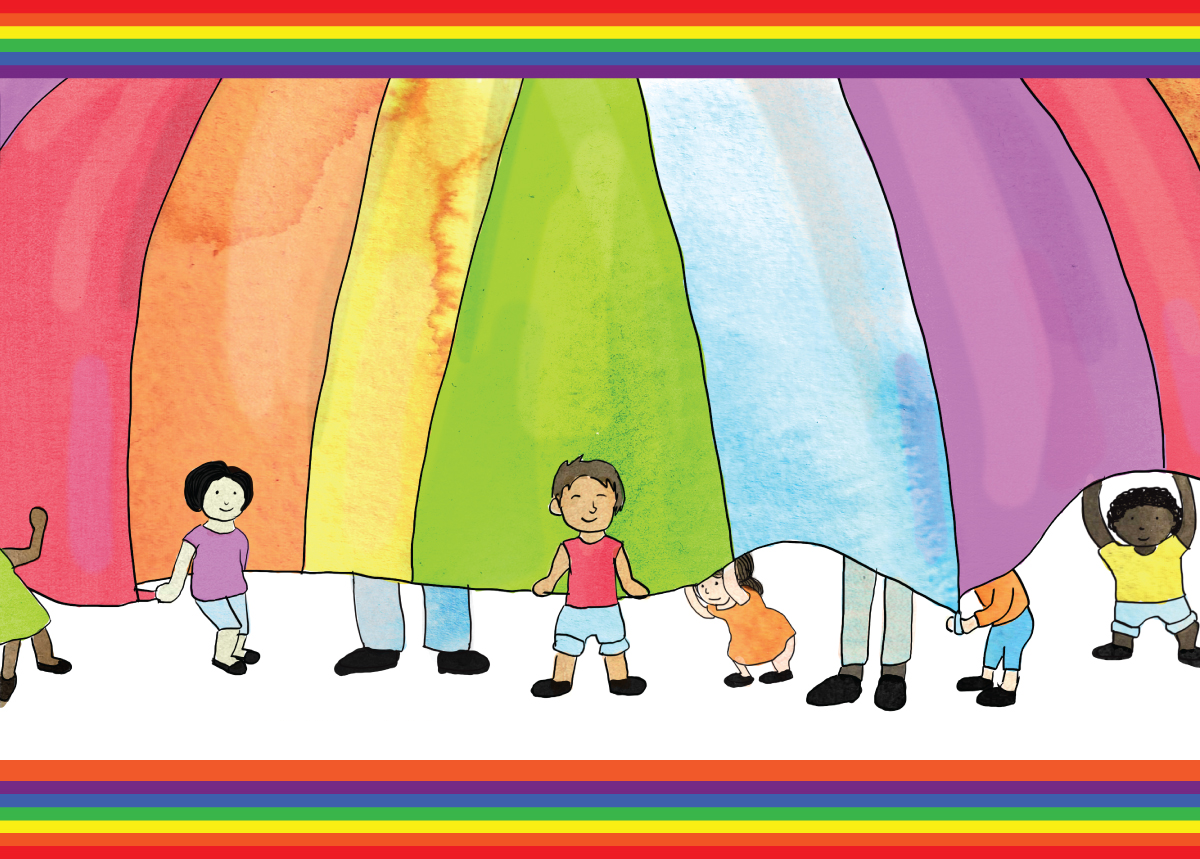 A group of children stand inside a rainbow parachute. Larger feet indicate adults standing outside the parachute.