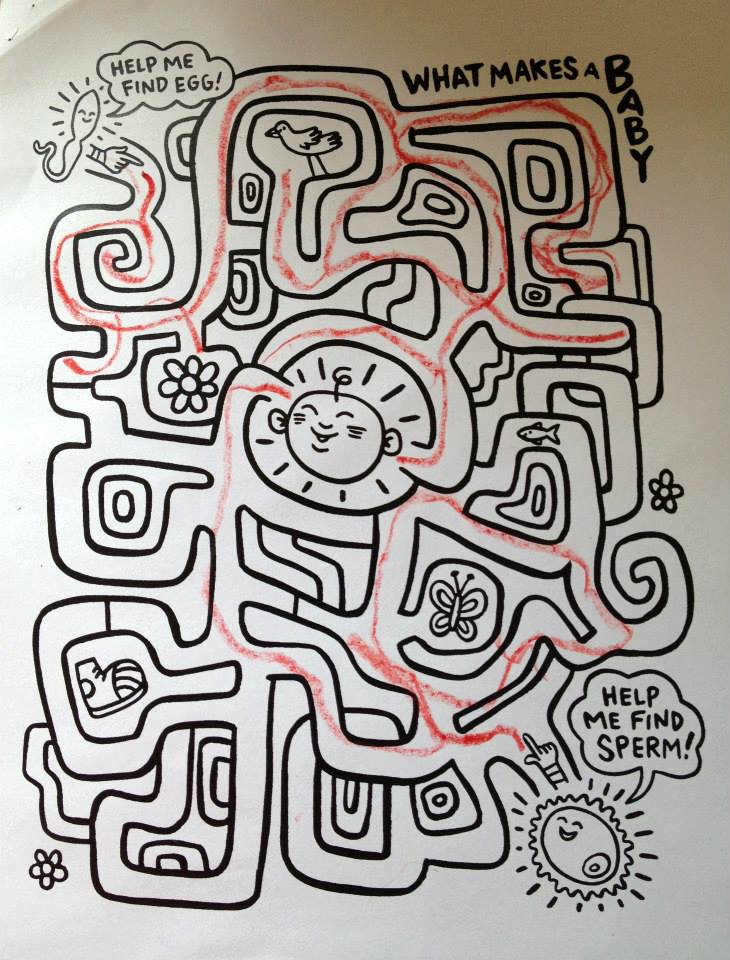 A cartoonish maze is filled in with a crayon. At the beginning of the maze is a sperm at the end is an egg with a baby inside.