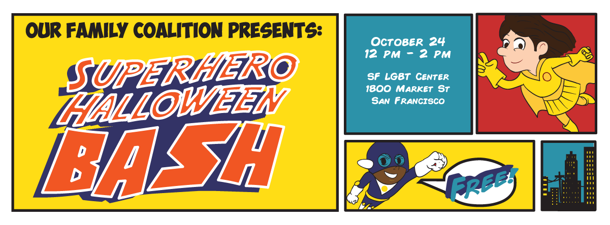 Colorful comic-book-themed banner repeats the date, time, and location of the Super Hero Halloween Bash. Includes a city skyline and two kid superheroes.