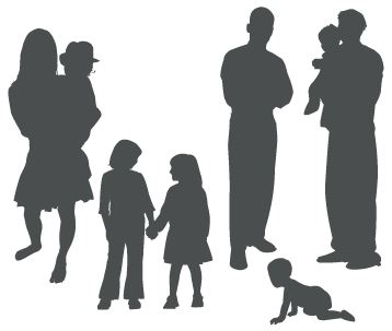 Silhouettes: A person in a skirt holding a baby, two children holding hands,  two masculine people with a toddler, an infant crawling