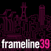 Pink outline of combined Oakland and San Francisco skyline on black background. Words "Frameline 39"