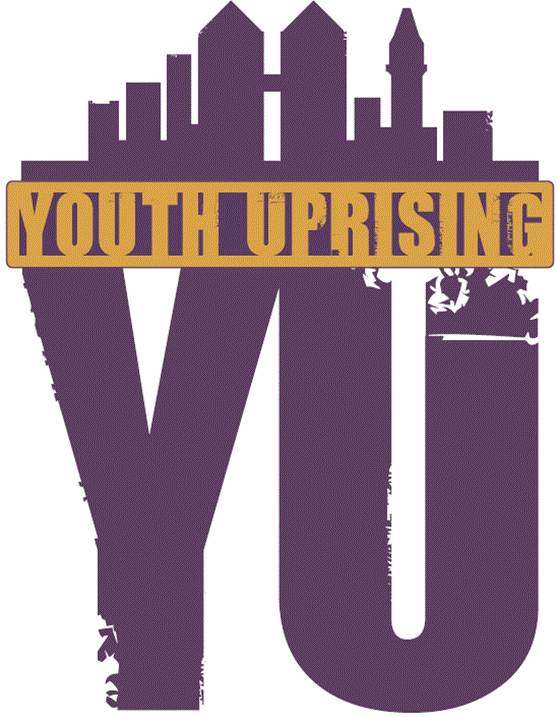 Youth UpRising logo: Dark purple city skyline with stenciled graphic "YU"